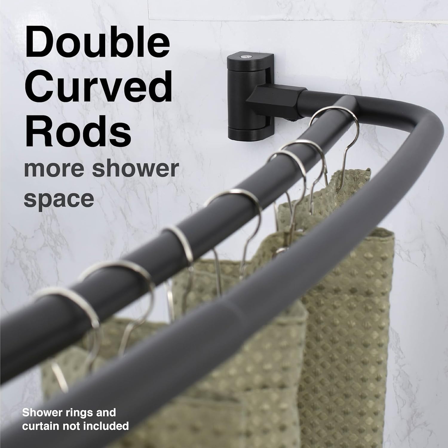 Double Curved Shower Rod, Metal Construction, Adjustable Between 44 to 70 Inches, Aluminum Rods and Zinc Mounting Hardware, Quality Modern Bathware, Black Finish