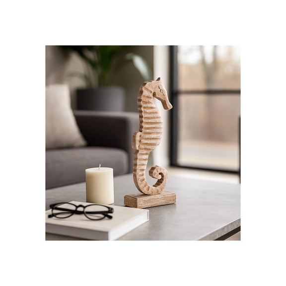 Elegant Wood Seahorse Sculpture for Home Decor - Ornaments for Bathroom, Office, and Living Room Styling - Sculptural Figurine for Shelf or Coffee Table Display - 13", Brown & White