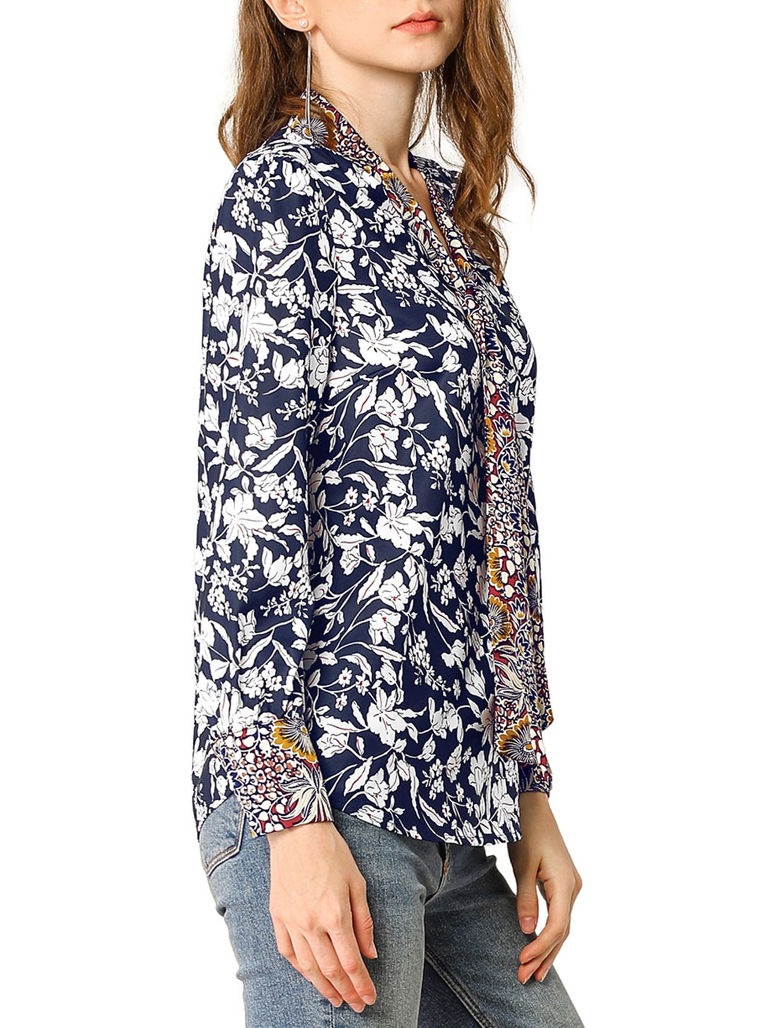 Unique Bargains Women's Boho Floral Printed Shirt V Neck Pussy Bow Blouse