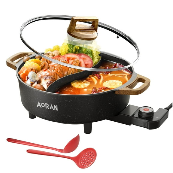AORAN Electric Hot Pot with Divider, 6L Large Capacity Double-Flavor Non-stick Pot, Smokeless Cooking Pot with Temperature Control, Suitable for 2-8 People