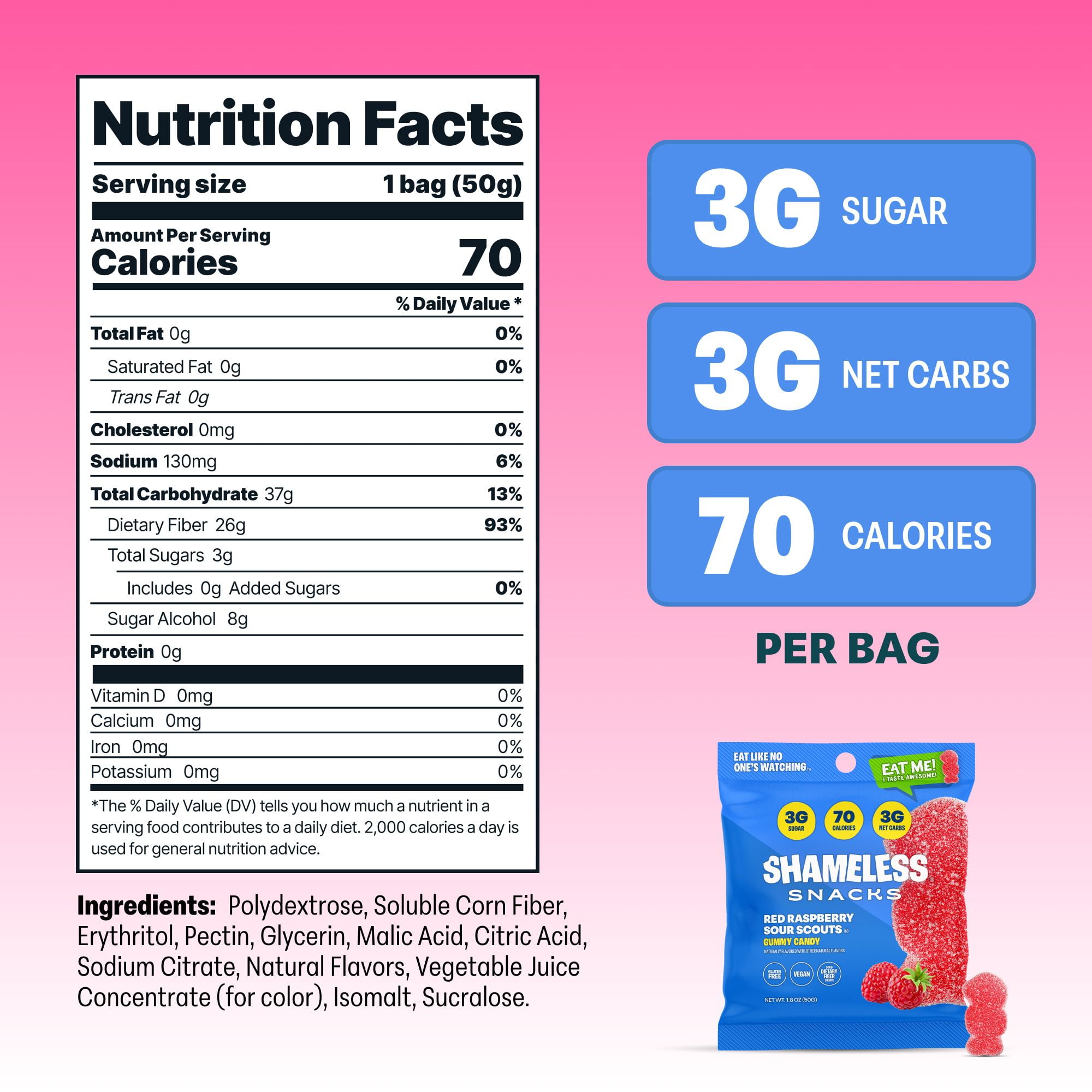 Shameless Snacks Red Raspberry Sour Scouts - Sour Candy & Fruit Snacks, Raspberry Gummy Candy, Keto Snacks in Bulk, 3g Sugar Gluten Free Vegan for Adults