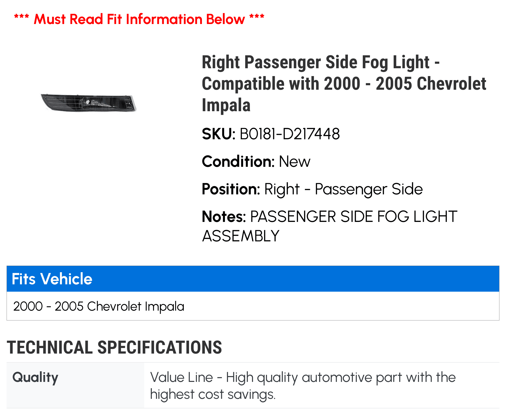 Right Passenger Side Fog Light - Compatible with 2000 - 2005 Chevy Impala 2001 2002 2003 2004