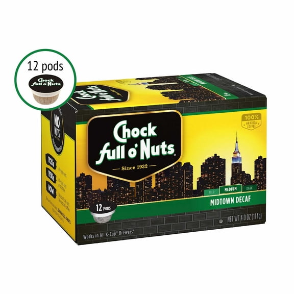 Chock Full o’Nuts Single-Serve Coffee Pods, Midtown Decaf Coffee, Medium Roast, 12 Ct