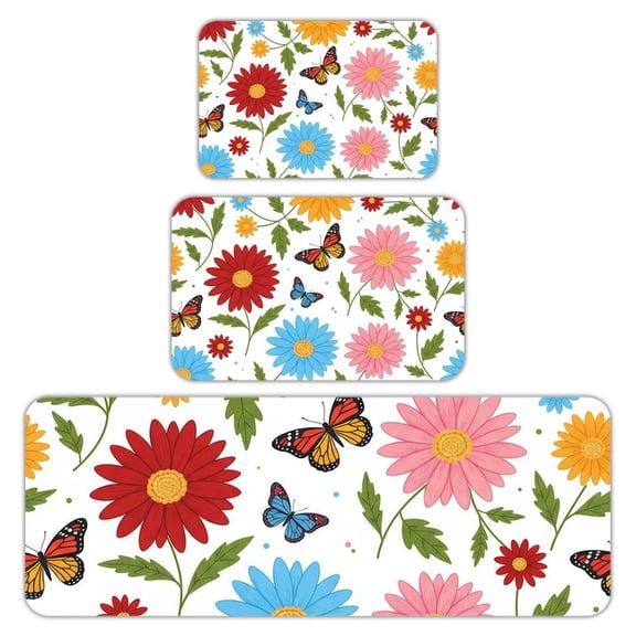 RKSupls Kitchen Rug Set 3 Piece Anti-Slip Flannel Floor Mats, Garden Florals Washable Absorbent Runner Mats for Kitchen Bathroom Home Decor