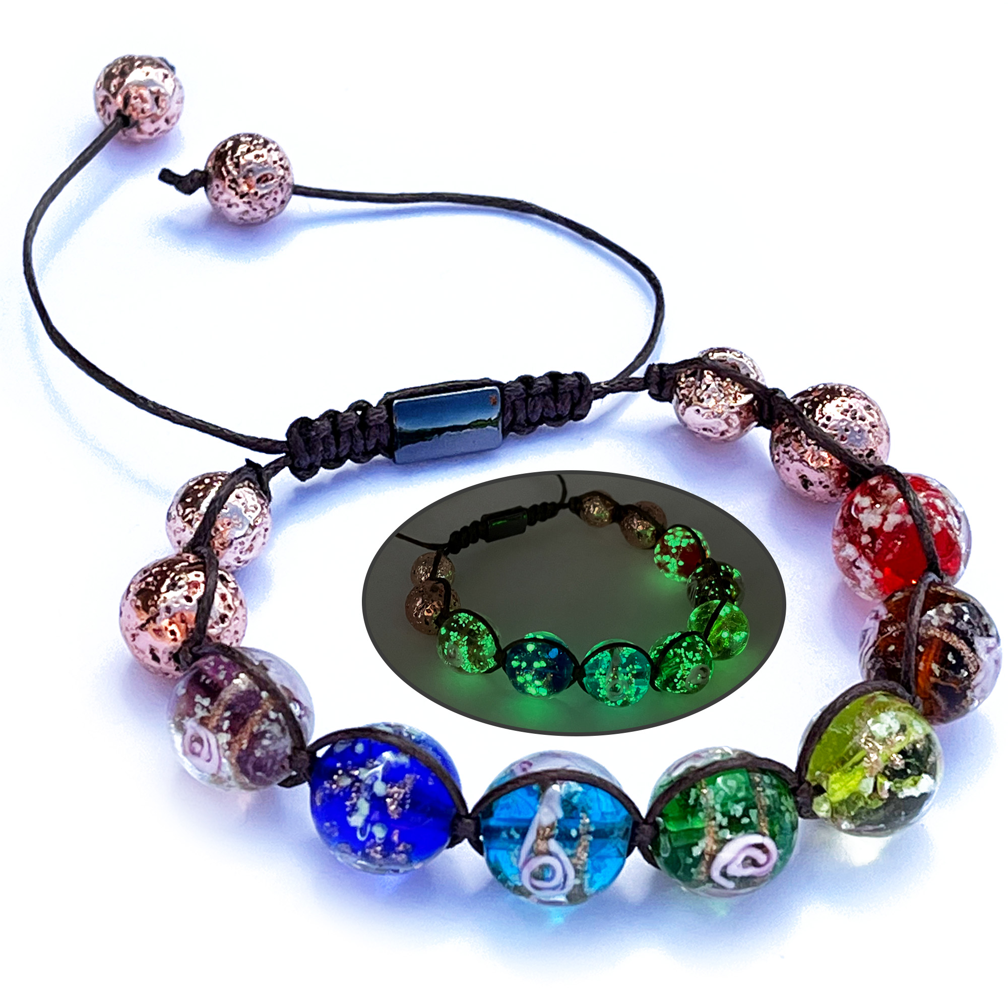 ARTSY Crafts Glow in The Dark Beaded Bracelet, Handcrafted Luminous Beads Chakra Bracelet for Women Men, 12mm Murano Glass Beads 7 Chakras Healing Crystals Bracelet