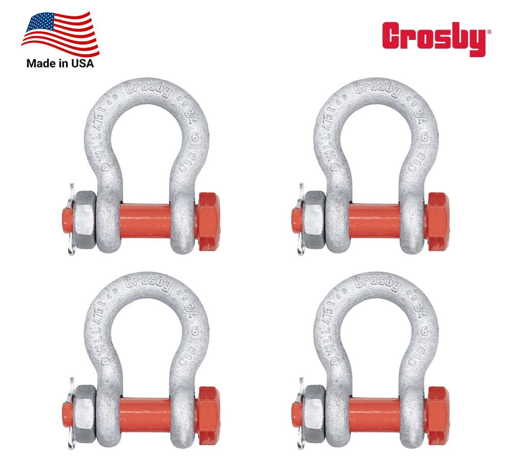 4 pk Crosby G-2130 3/4" Anchor Shackle Carbon Steel w/Safety Screw Pin 10,470 lbs WLL, Galvanized Heavy Duty D Ring Bolt Type Shackle for Towing, Rigging & Vehicle Recovery, 1019515