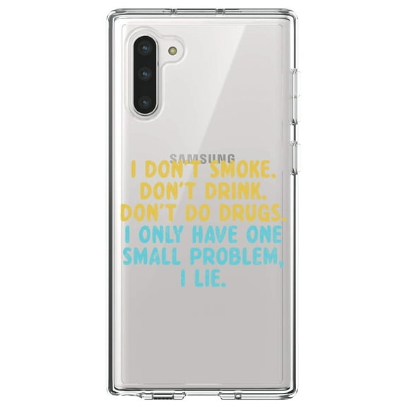 DistinctInk Clear Shockproof Hybrid Case for Samsung Galaxy Note 10 (6.3" Screen) - TPU Bumper Acrylic Back Tempered Glass Screen Protector - I Don't Smoke, Drink, Drugs - I Lie