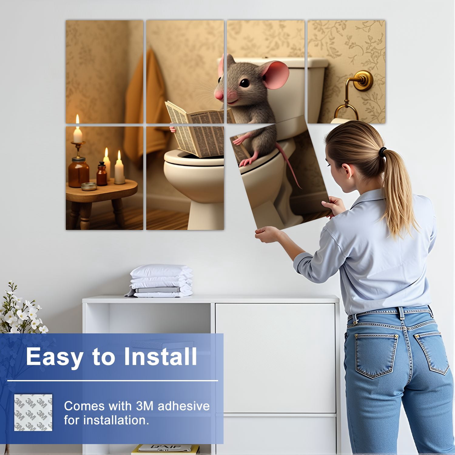 8 Pack Art Acoustic Panels Sound Absorbing Mouse Reading Newspaper Toilet Decorative Soundproof Wall Panels Self Adhesive for Nursery Game Room Bedroom 48"x32"