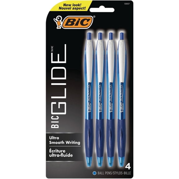 BIC Glide Retractable Ball Pen, Medium Point (1.0 mm), Blue, Comfortable Rubber Grip, 4-Count