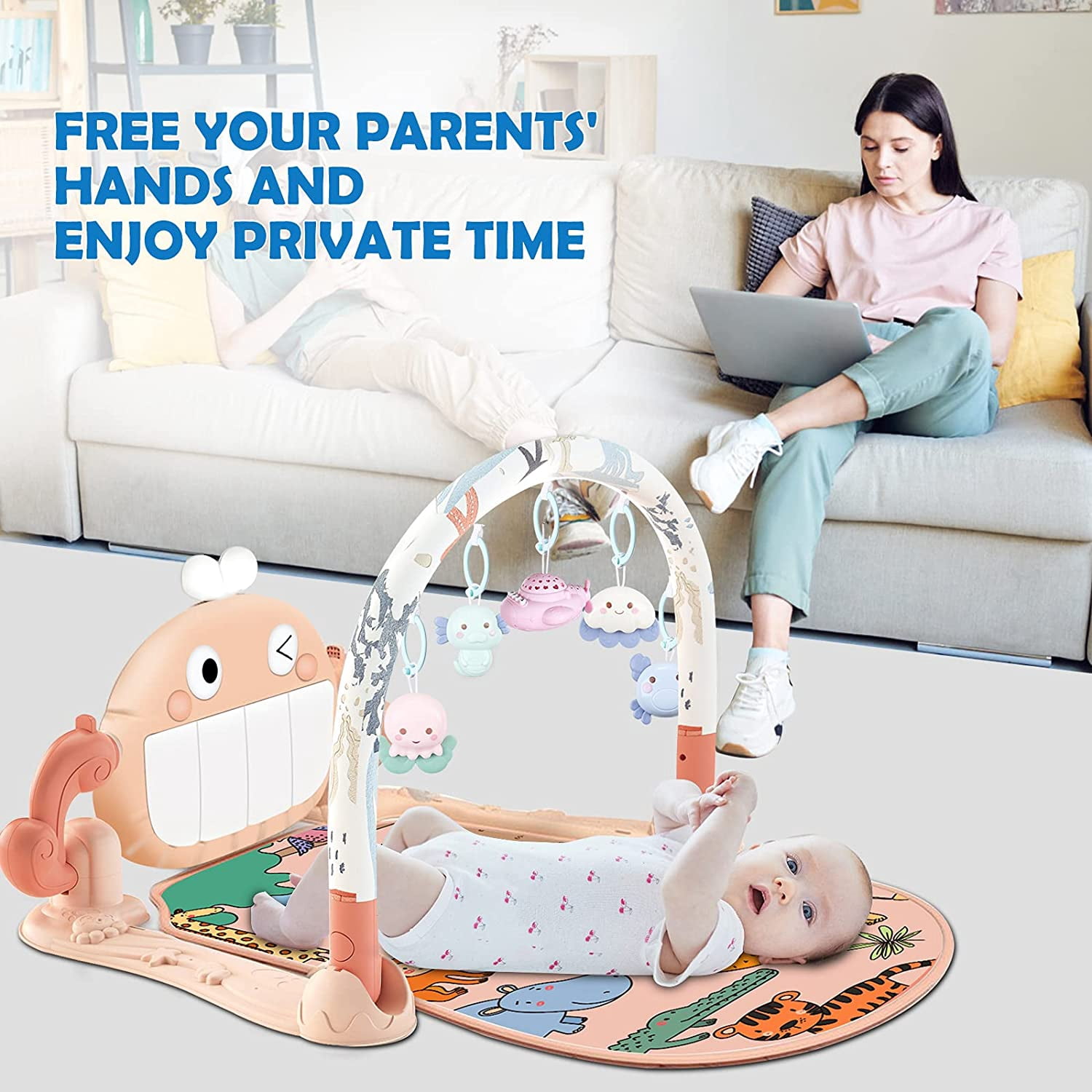 Hengswere Baby Piano Playmat Baby Activity Gym Mat with 5 Infant Learning Sensory Toys for Newborn 0 to 3 6 9 12 Months