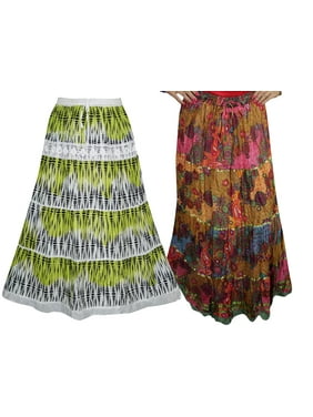 Mogul 2Pc Women Maxi Skirt Printed Broomstick Gypsy Hippie Flared Skirts