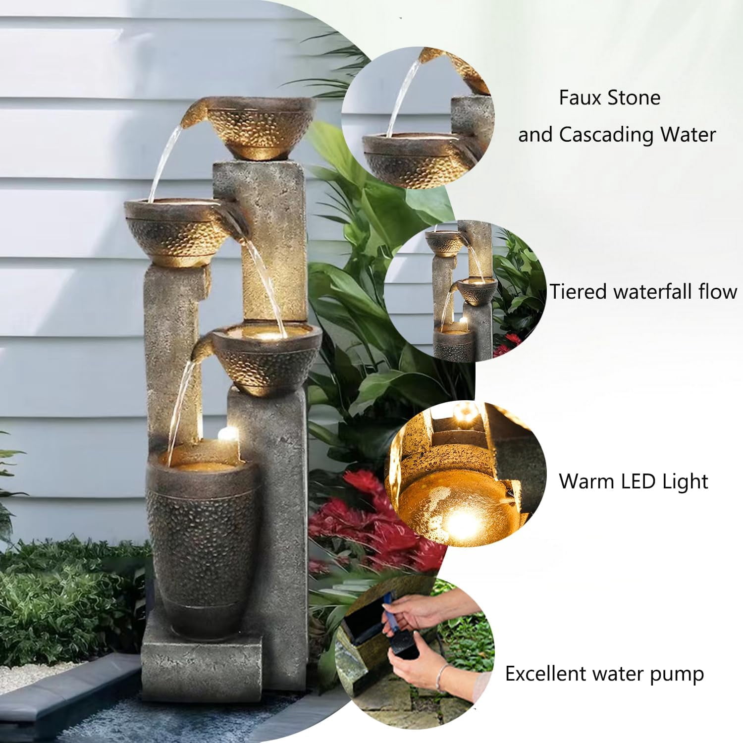 Tammesy 40"  4-Tier LED Fountain Waterfall  for Yard, Floor Patio, Backyard and Home Art Decor,Outdoor Fountains for Garden