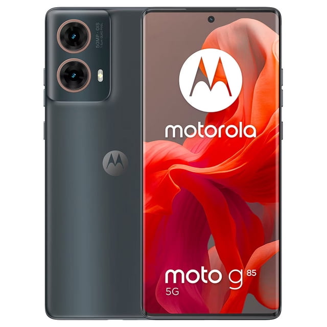 smartphones motorola moto g85 5g dual sim 8gb ram 256gb negro Vista frontal y trasera centrada del Motorola moto g85 5G color negro; pantalla pOLED curva de 6.67” FullHD+ con orificio para cámara frontal y marcos casi sin bordes; reverso negro con módulo de cámara doble marcado "50 MP OIS", botones laterales visibles y logo Motorola. Dispositivo desbloqueado compatible con 5G; suele usarse también como reproductor multimedia con altavoces estéreo Dolby Atmos.