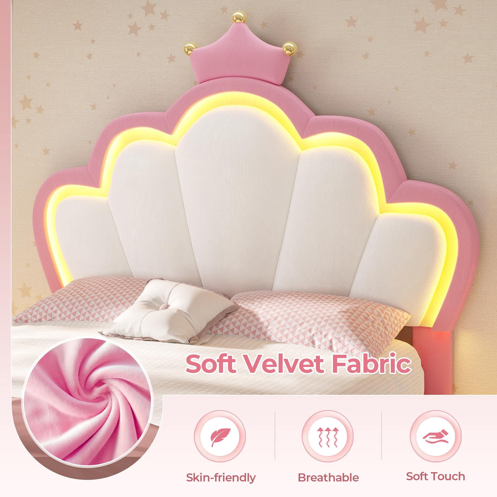 Twin Bed Frame with 4 Drawers, LED Lights Headboard,Twin Girl Bed Princess Velvet Upholstered Platform Bed,Heavy Steel Slats Support, Pink