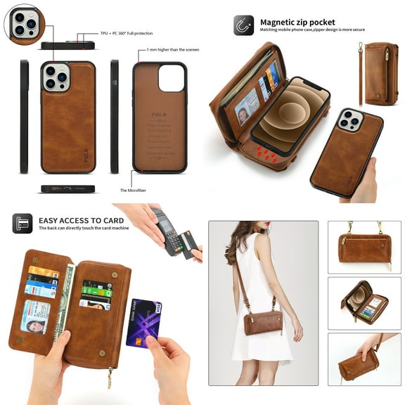 Feishell Multifunctional Crossbody Wallet Case for iPhone 15 Plus,Magnetic Detachable Case Premium PU Leather Zipper Pocket Multi Card Slots Phone Case with Wrist Strap & Shoulder Strap,Brown