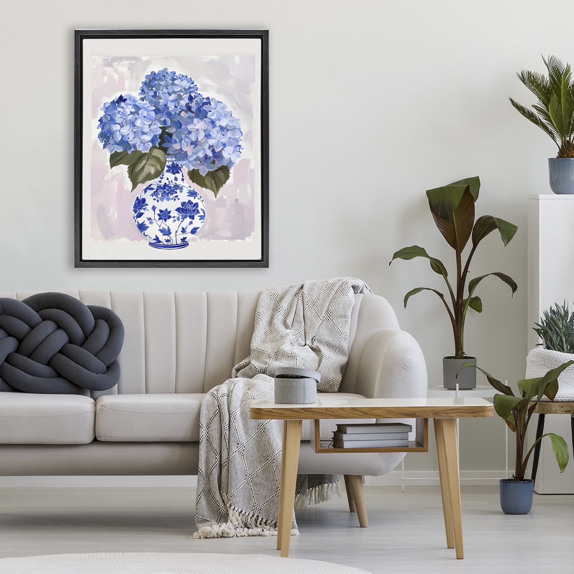 Stupell Industries Blue Hydrangea in Porcelain Vase Black Framed Floater Canvas Wall Art, design by The Prints Vibe