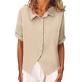 thumbnail image 3 of Pxxlle Button Down Shirts for Women Business Casual Short Sleeve Shirt Solid Color Curved Hem Blouses Dressy Lapel Tops Khaki XXL, 3 of 9