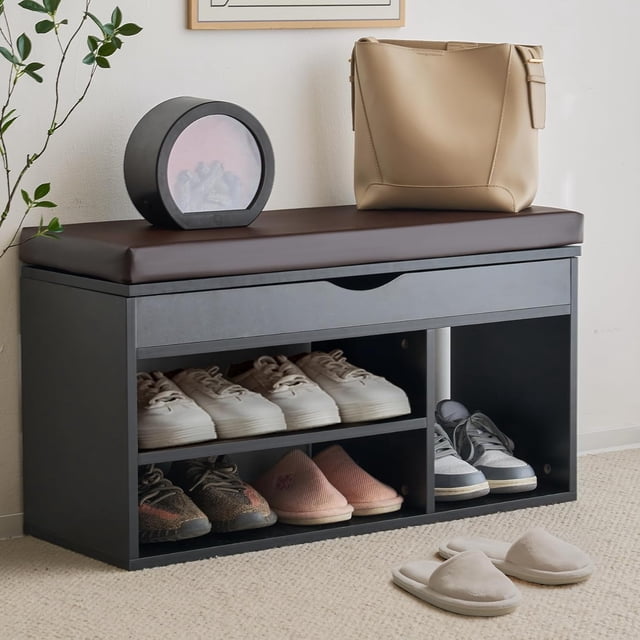 Banc de Rangement pour Chaussures avec Couvercle Rabattable Banc pour Entrée Pouces Banc de Rangement pour Chaussures avec Coussin Amovible en Cuir Pu pour Salon Hallyway
