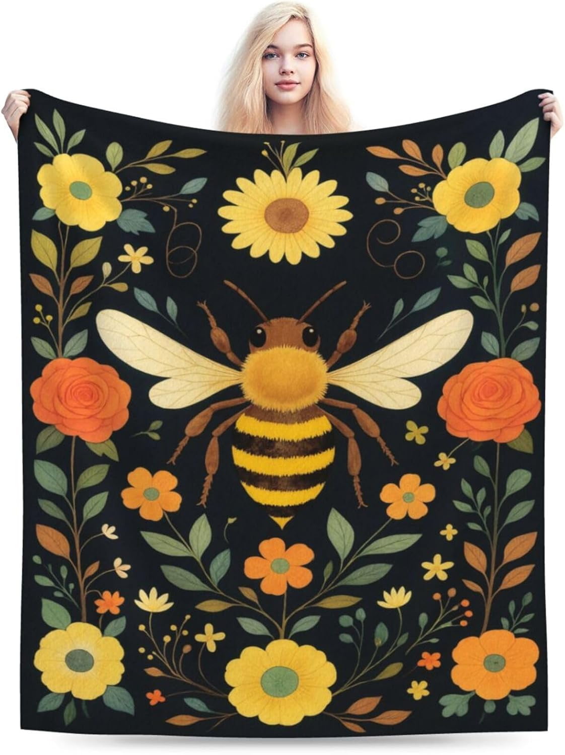 Bee Blanket Gifts for Women Women Bee Flower Blanket Soft Flannel Cozy Fleece Fuzzy Plush Warm Bedding Stuff for Users Adults 60 x 80 Inch