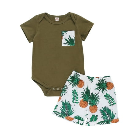 

KIMI BEAR Newborn Baby Boys Romper Outfits 9 Months Newborn Boys Summer Clothes 12 Months Boys Casual Pineapple Print Short Sleeve T-shirt Shorts 2PCs Set Army Green