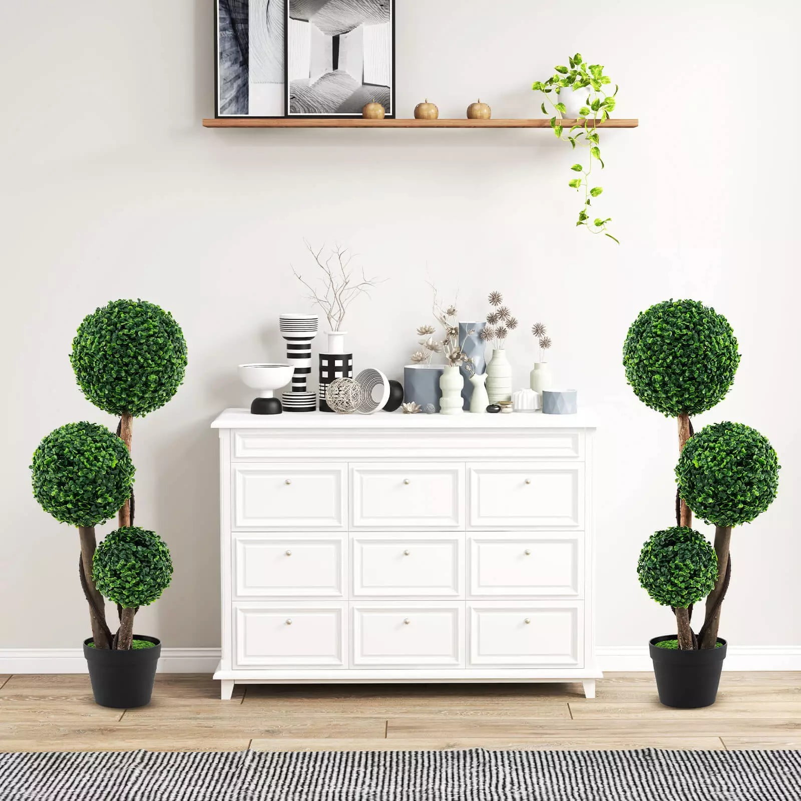 Harmijoy Artificial Boxwood Topiary Tree, 36" Faux Potted Plant w/3 Topiary Balls, Solid Wood Trunks, Mimic Rattans & Moss, Premium PE Leaves