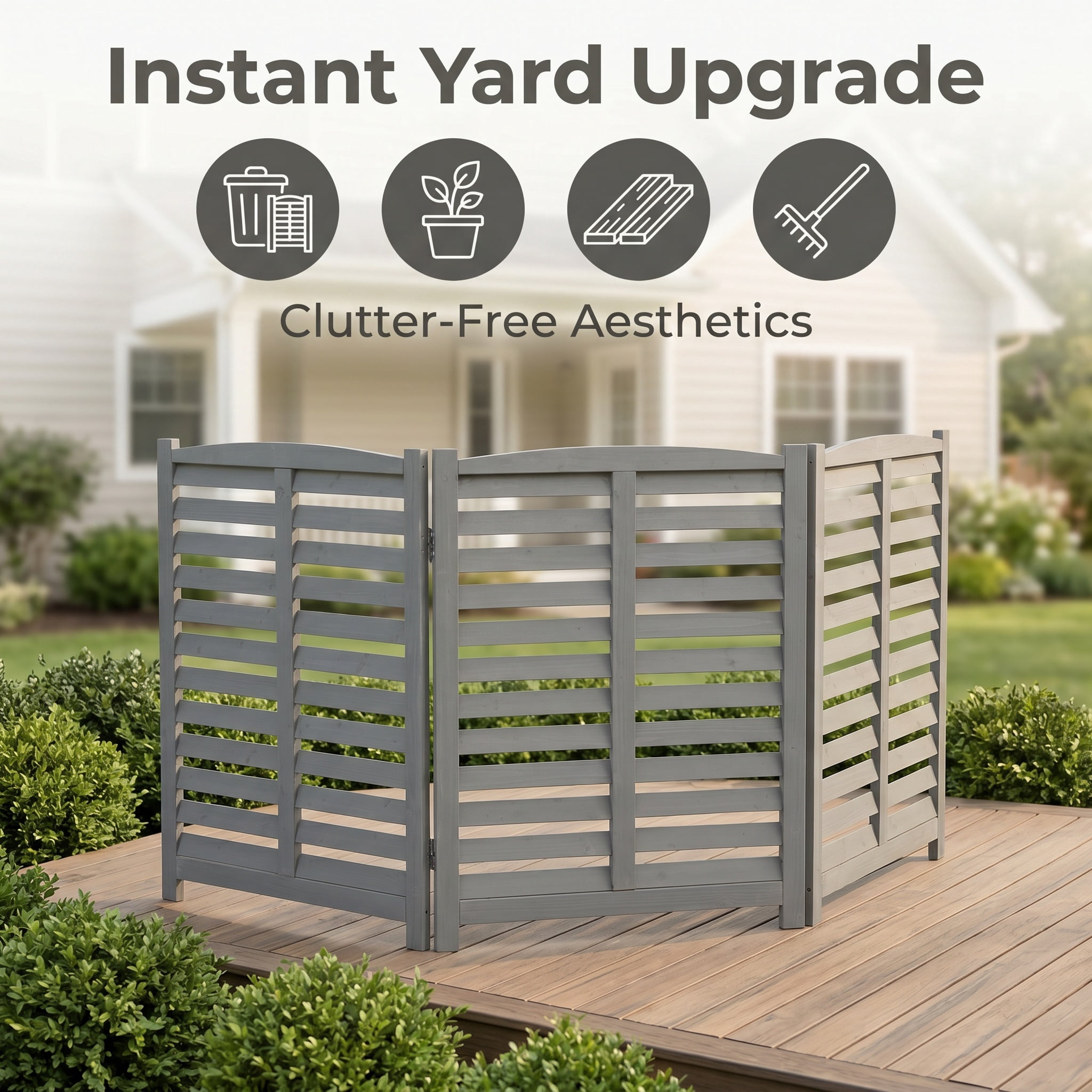 Outdoor Wood Privacy Fence 3-Panel 32W x 38H, Solid Wood Air Conditioner Screen with Slat Spacing for AC Unit Trash Can Pool Pump Enclosure, Gray