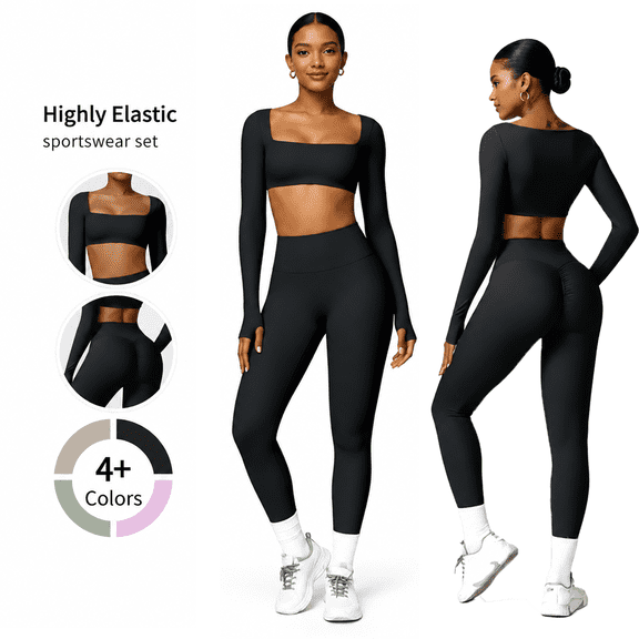 Girony Women's 2‑Piece Yoga Set, Square Neck Long Sleeve Crop Top & High Waist Leggings, Soft Stretch Workout Activewear Outfit for Gym Fitness Running