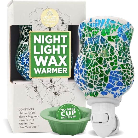 Belle Aroma® Bijou Fragrance Vase® Wax Warmer, Heating Element with LED Lighting, One No-Mess Cup - Blue/Green, Mosaic