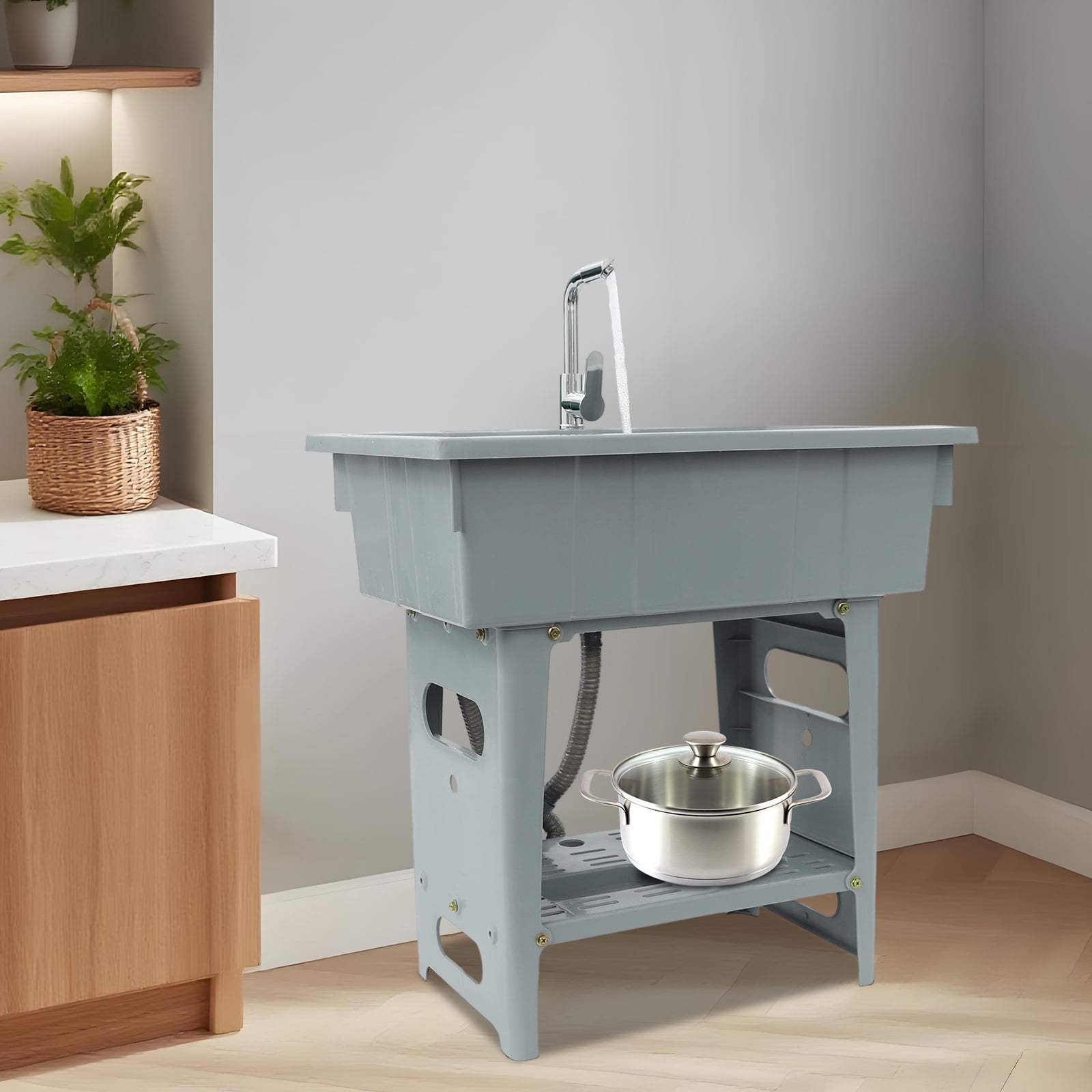 Laundry Sink 31.5x22x31.9in Grey Freestanding Utility Sink with 28.4x17.7x9.4in Basin & Storage Shelf
