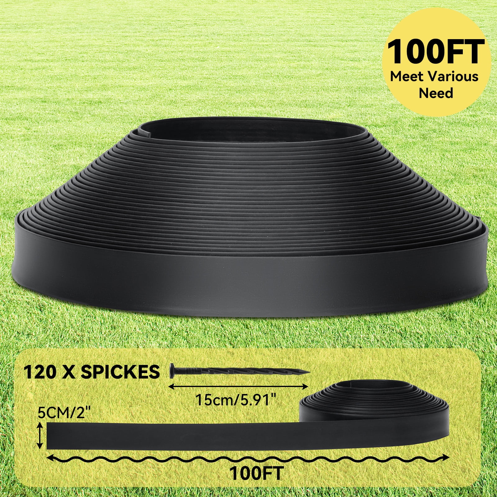 GOTGELIF Landscape Edging 2inch Tall, 40/100ft No-Dig Landscape Edging Border with 50/120 Spikes Plastic Garden Edging for Landscaping