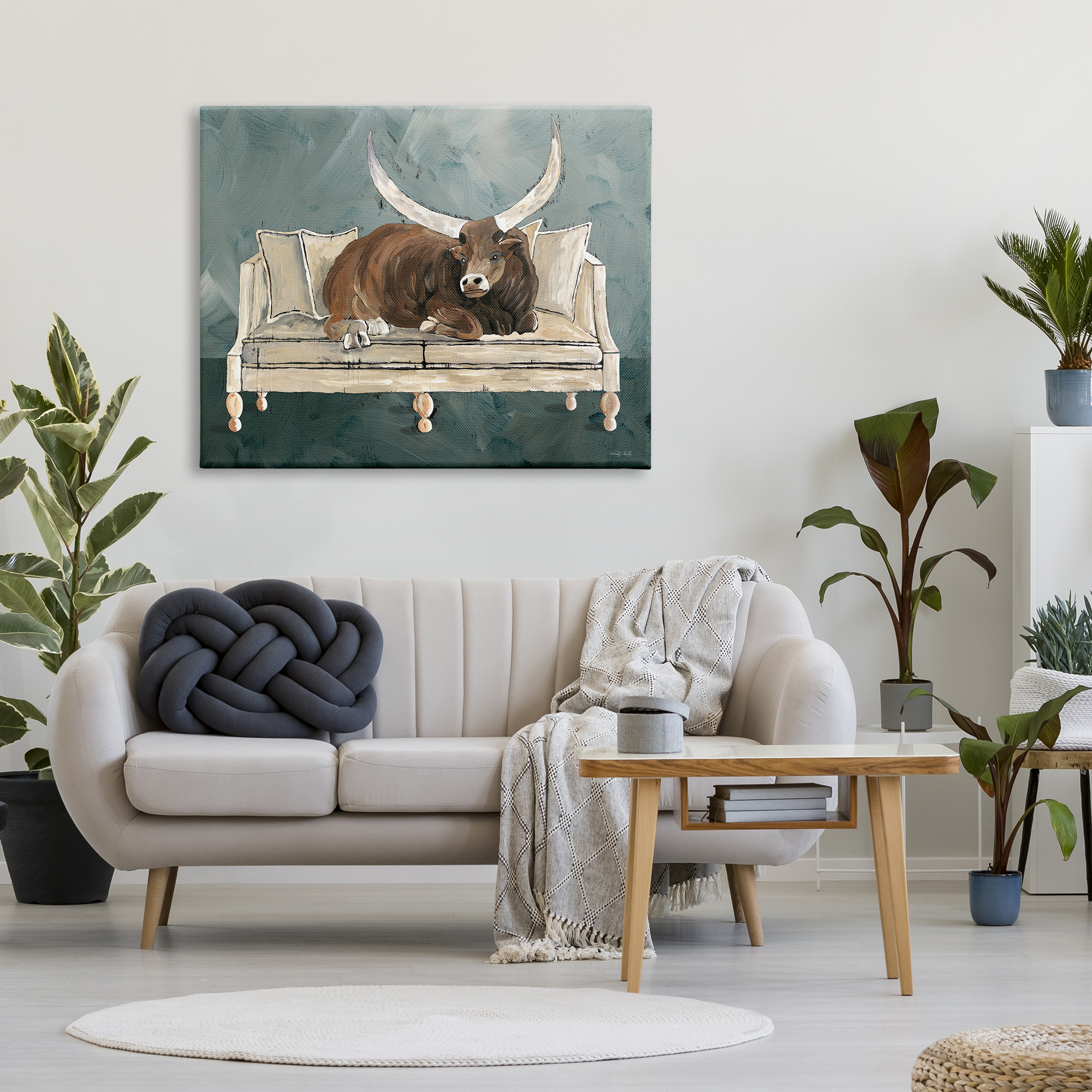 Stupell Industries Longhorn Bull Laying Living Room Couch Green Gray, 48 x 36, Design by Cindy Jacobs