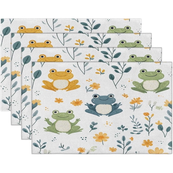 Frog Floral Pattern Placemats Set of 4 Linen Fabric Place Mats Heat Resistant Machine Washable Placemats Non-Slip Place Mat for Kitchen Dining Table