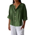 thumbnail image 3 of Women's Solid Color V Neck Three Quarter Sleeve Loose Fit Top Shirt Blouse with Decorative Buttons for Casual Business Office and Vacation Outfits Fashion Essential Gift for Women, 3 of 9