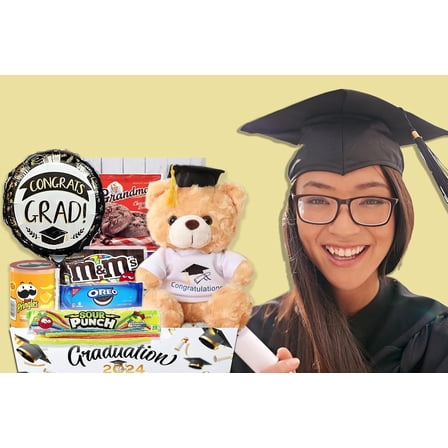 2025 Graduation Gifts Set Care package, Congrats Grad Gift Basket Set Include Balloon, Candy Cookies & Snacks Teddy Bear for Senior College Graduated Boy/Girl