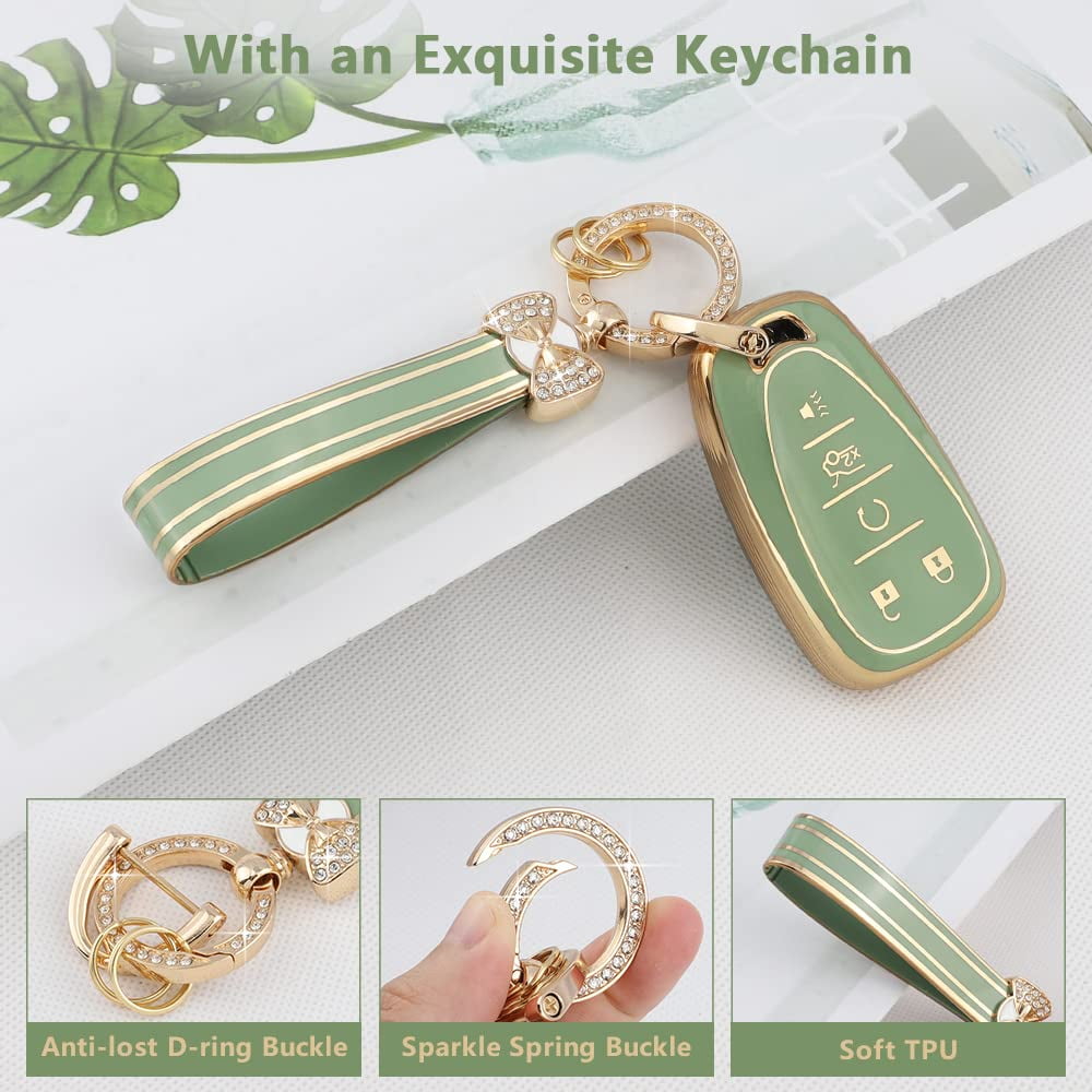 Stylish 5-Button TPU Key Fob Cover with Bling Keychain for Chevy Equinox Malibu Blazer Camaro Spark Traverse Trax Green Gold Protective Shell Case for Men and Women