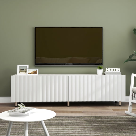 Modern TV Stand for 65 Inch TVs with Storage and 2 Slide-Out Drawers, White Entertainment Center Featuring Sturdy Metal Legs and Easy Assembly for Living Room or Bedroom
