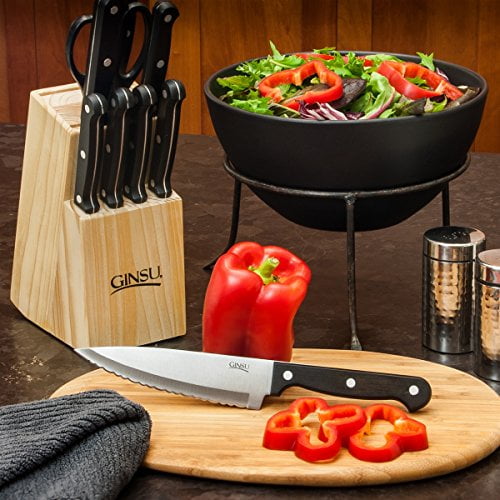 GINSU Black Handle Knife Set of 11 Knives With Wooden Block Not Complete  See Pic