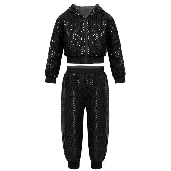 Doomiva Kids Boy Girl Jazz Hip Hop Dance Costume Shiny Metallic Top and Pants Suit Dancewear Black 8-10