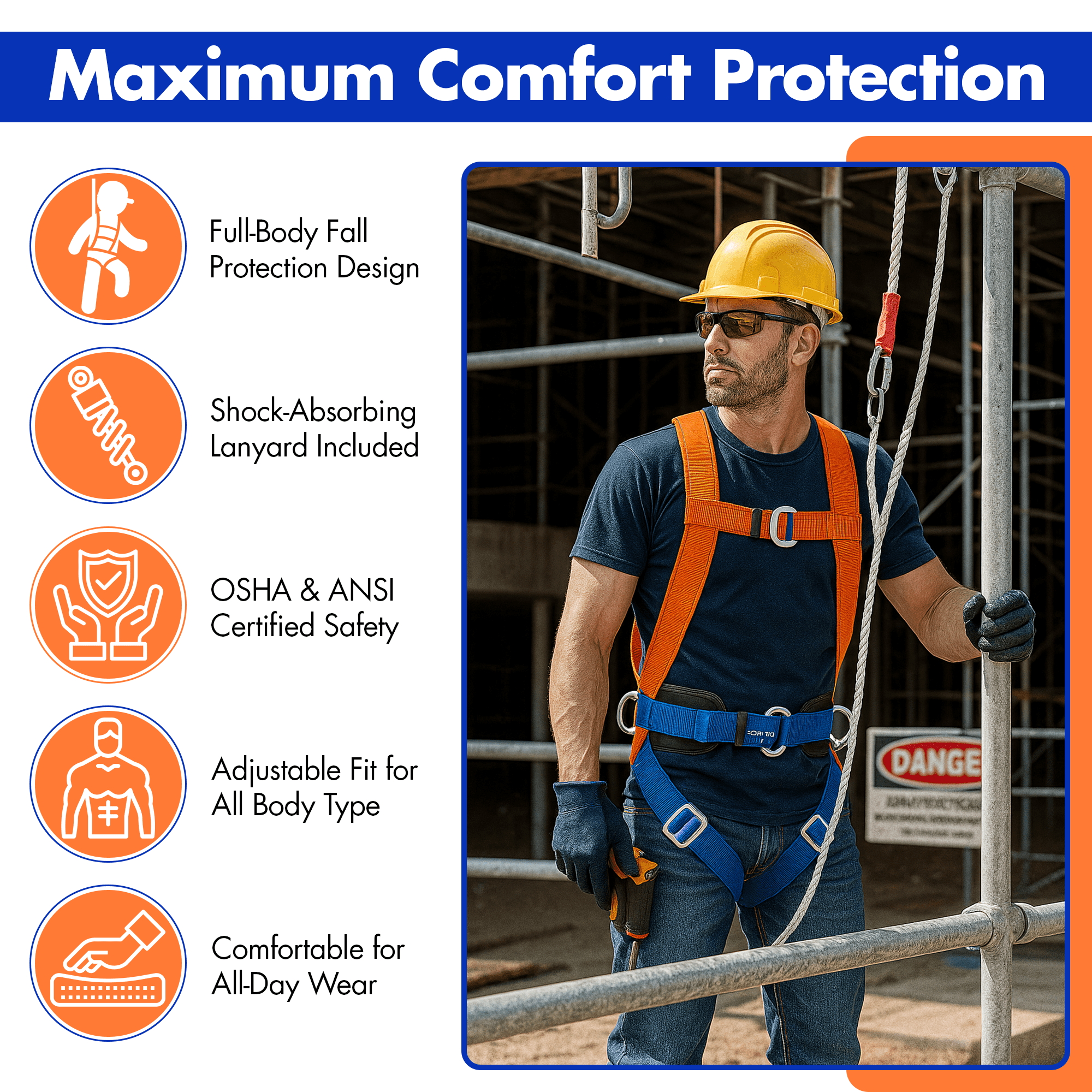 Safety Harness Fall Protection, Full Body Roofing Harness with Shock Absorbing Lanyard, Fall Protection Harness Kit, Construction Harness for Men