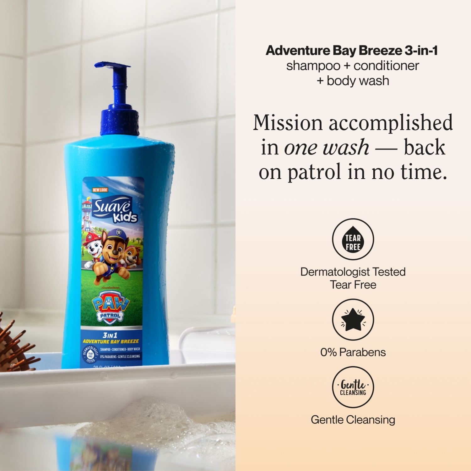 (4 pack) Suave Kids Paw Patrol 3-in-1 Shampoo, Conditioner & Body Wash, Adventure Bay Breeze, 28 oz