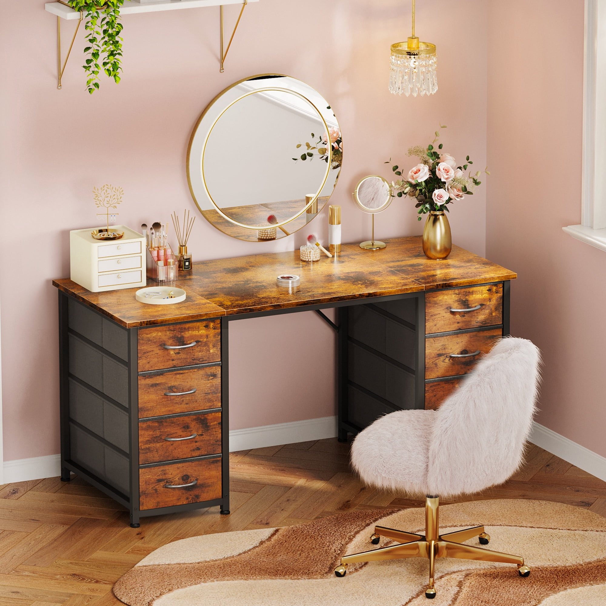 Vintage Computer Desk with Drawers for Storage - 48 inch Home Office Desk with 8 Fabric Drawers, Writing Study Desk with Drawers on Both Sides for Bedroom