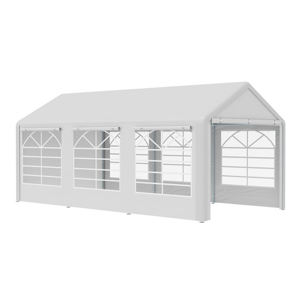 Outsunny 20’ x 10’ Heavy Duty Party Tent Outdoor Carport Canopy Shelter Gazobo with Water-Resistant Sidewall, Zipper Door and Windows, White