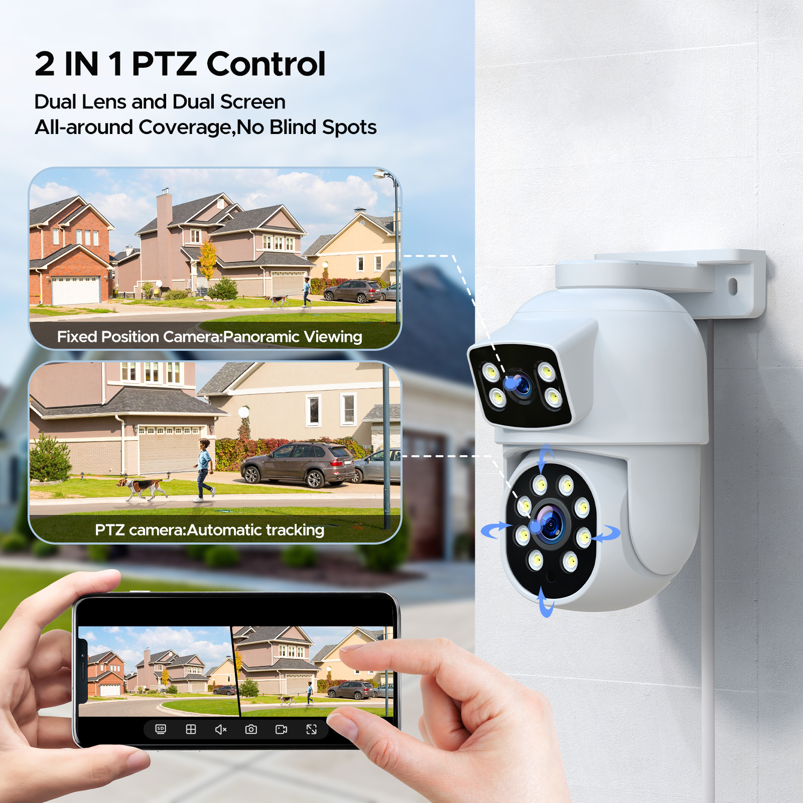 TOGUARD SC52 Wired Security Camera System Outdoor with 500G Hard Drive 4K 8CH CCTV NVR 4Pcs 1080P Dual Lens PTZ POE Dome Surveillance Cameras HDMI Connector