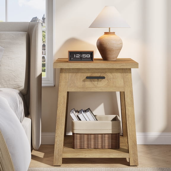 Finmind Nightstand with Drawer, Rustic Side Table with Open Shelf, Accent Bedside End Table for Bedroom, Dorm and Small Spaces, Brown