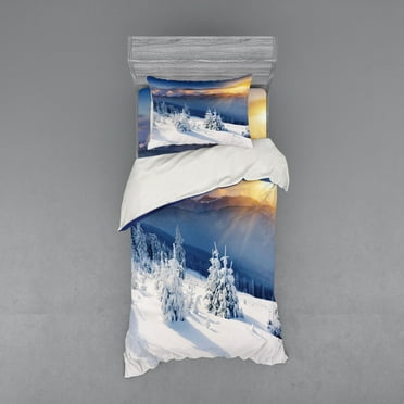 Winter Duvet Cover Set, Disappearance of Sunrise in Mountain Tops Dramatic Sky Alpine, Bedding Set with Shams and Fitted Sheet, 3 Sizes, by Ambesonne