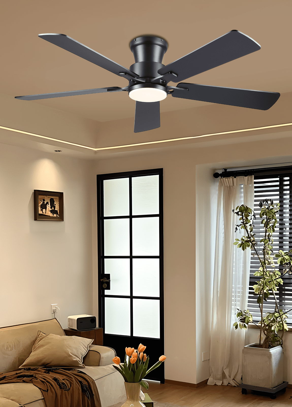 52Inch Ceiling Fan with Lights and Remotes, Modern Low Profile Flush Mount Ceiling Fans,DC Reversible Motor, 3CCT Dimmable,Noiseless,Dual Finish, Black 6 Speeds Ceiling Fan for Indoor/Outdoor