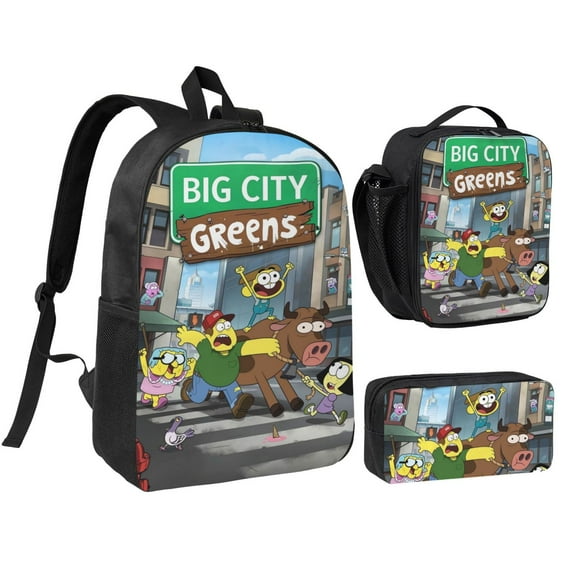 Big City Greens Laptop Backpack 3 Piece Set with Lunch Box And Pencil Case, 3D Printed Lightweight High-capacity Bookbag Fashion Bento Backpack