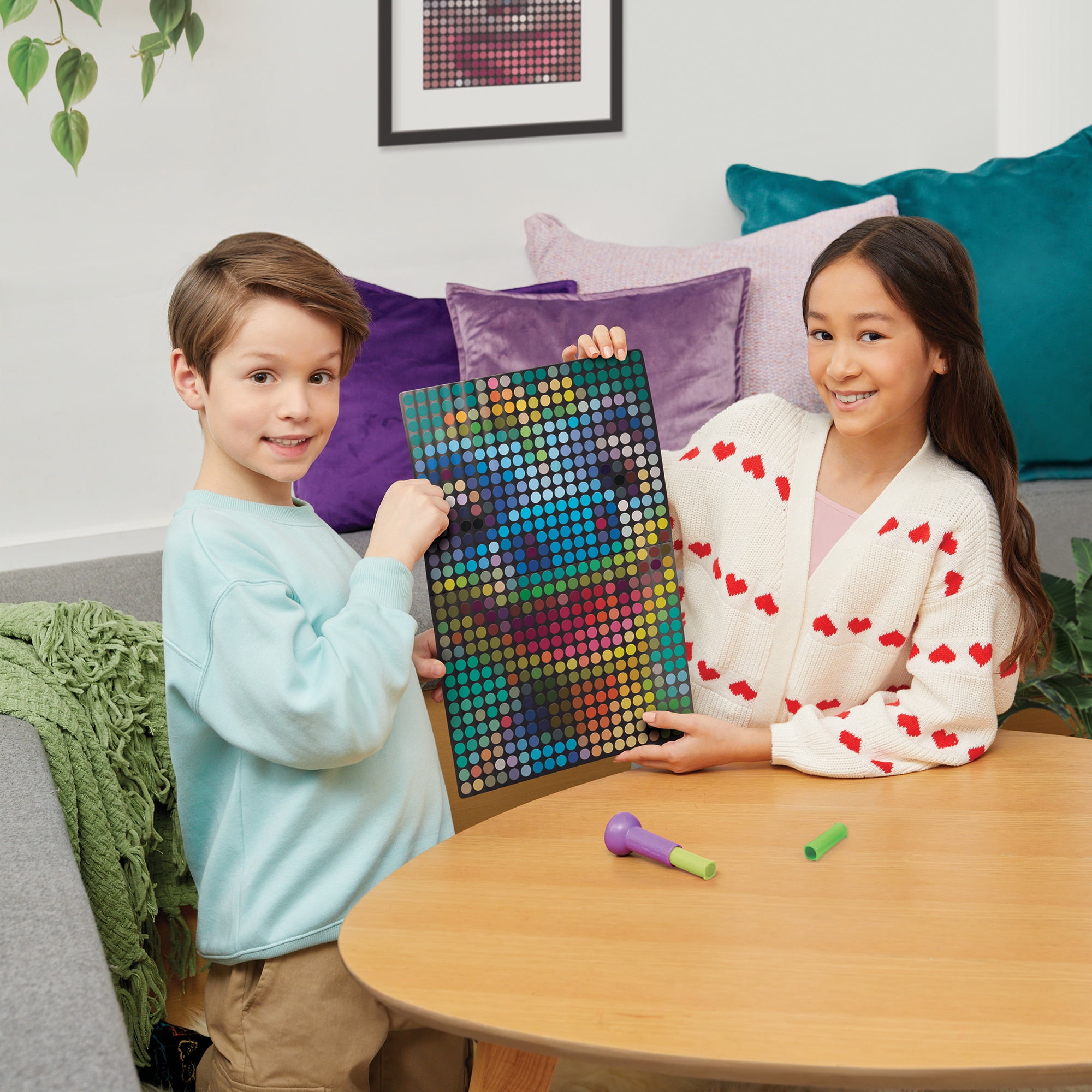 Make It Real: Stamp To Reveal: 2 Characters - Cool Cat & Smily Dino - DIY 2 Dot Posters, 11 x 16.5", Craft Kit, Artwork Activity, Girls & Kids Ages 6+