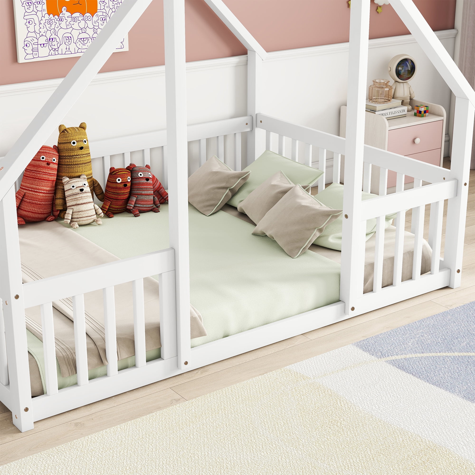 Leumius Full Wood House-Shaped Floor Bed with Fence, Guardrails for Boys Girls White