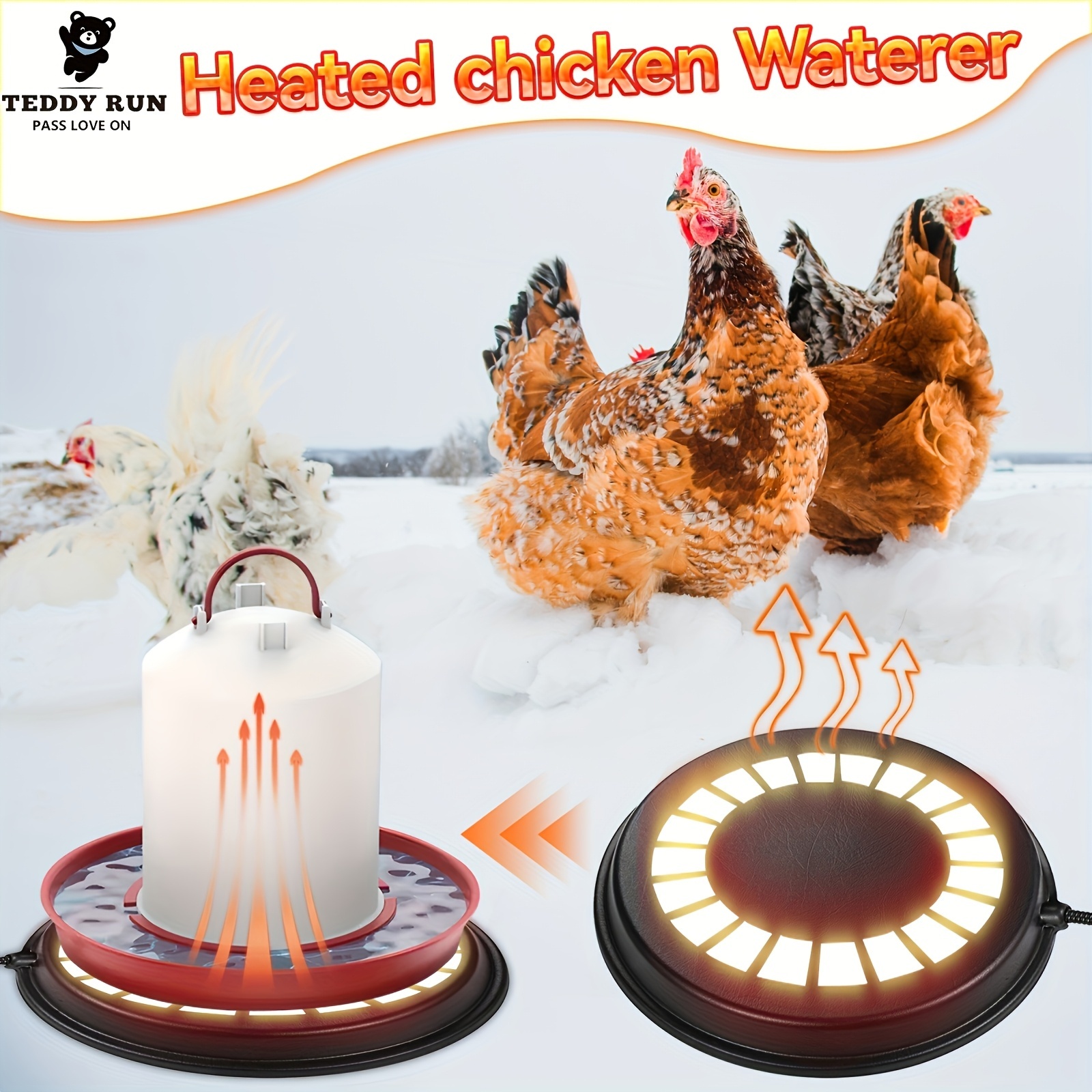 80W Chicken Water Heater with Heated Base - 120V, US Plug, Durable Plastic, Ideal for Winter Deicer, Pet Water Heater for Metal Poultry Founts